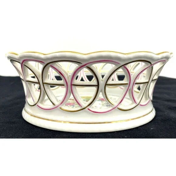 Herend Bowl Hungary Porcelain Round Open Weave Basket 7" Butterfly Handpainted - Picture 5 of 9